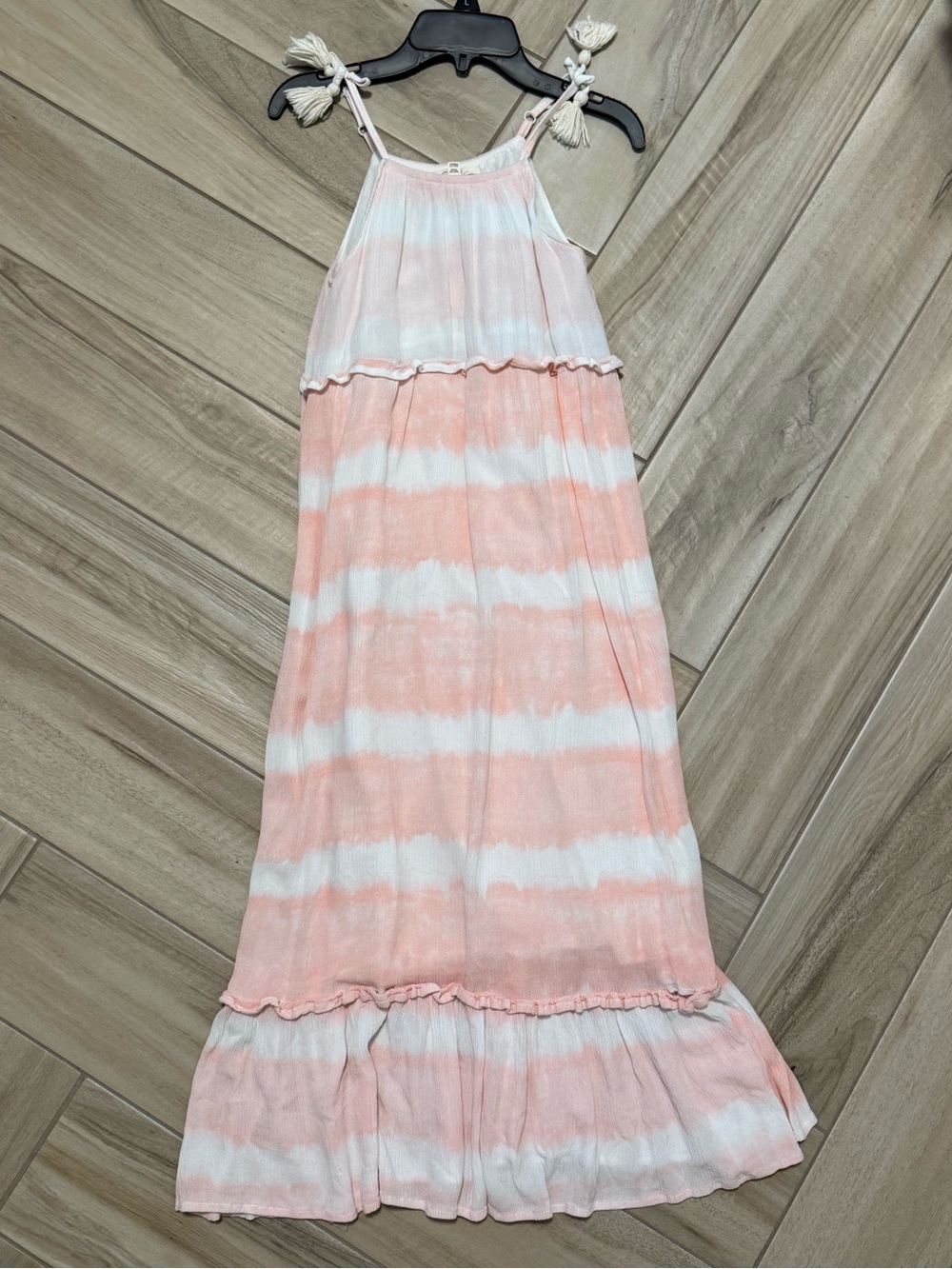 Girls Jessica Simpson Pink and White Tie-Dye Maxi Dress with Tassel Straps